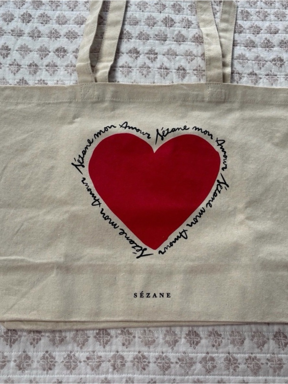 Sezane Cream Canvas Tote with Red Heart Graphic